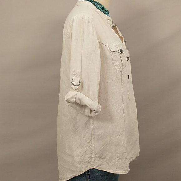 Natural 100% Linen Safari Style Shirt Saks Fifth Ave Neutral 43" Chest SeeMeasur - Picture 3 of 11